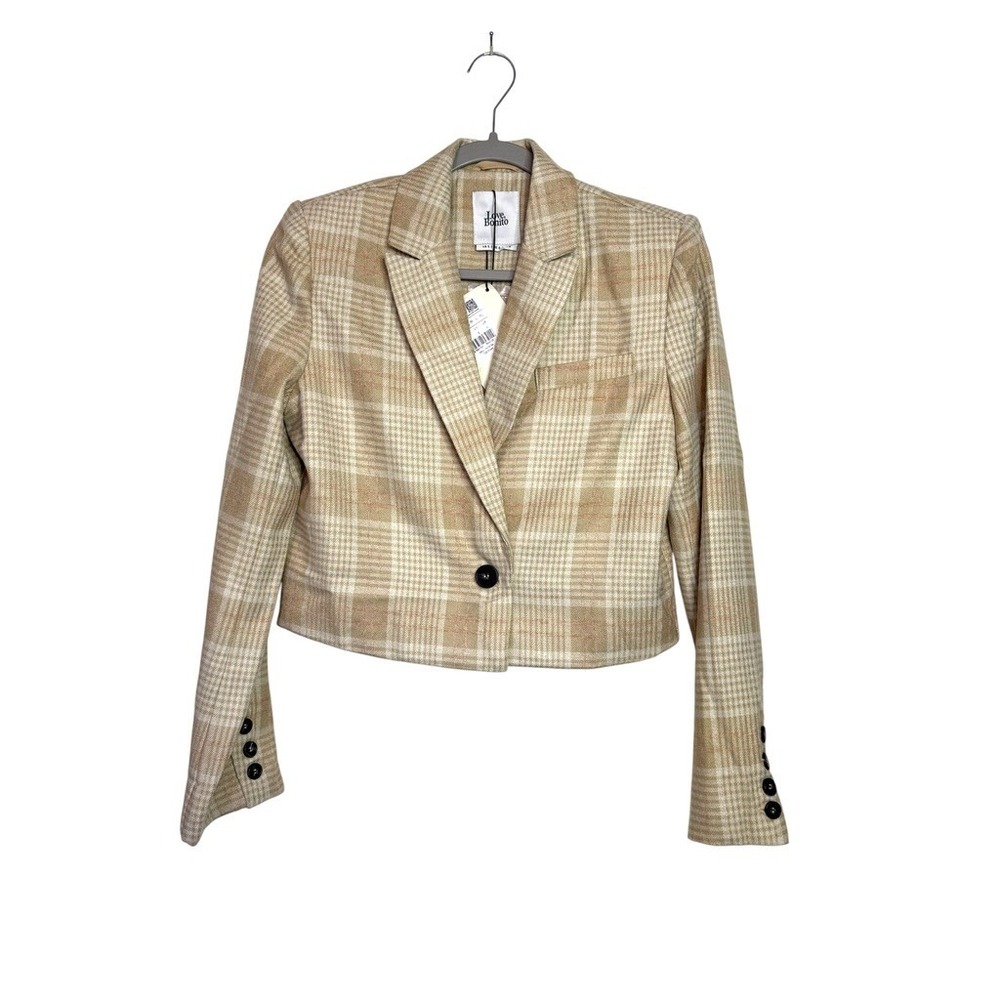Love Bonito Tan Plaid Cropped Blazer Jacket HY8054 NWT Size S US 4‎